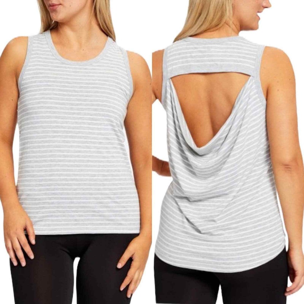 Yogalicious Womens Grey White Striped Cutout Cowl Back Yoga Tank Top TY11401 S
